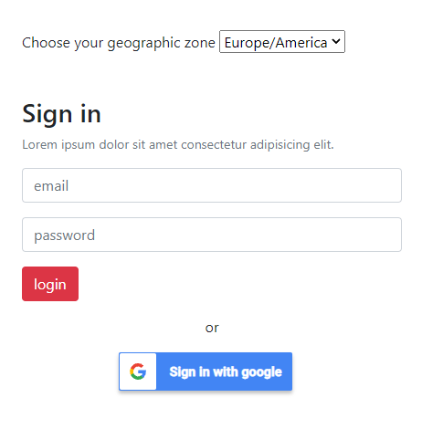 Login page for users in Europe/America zone