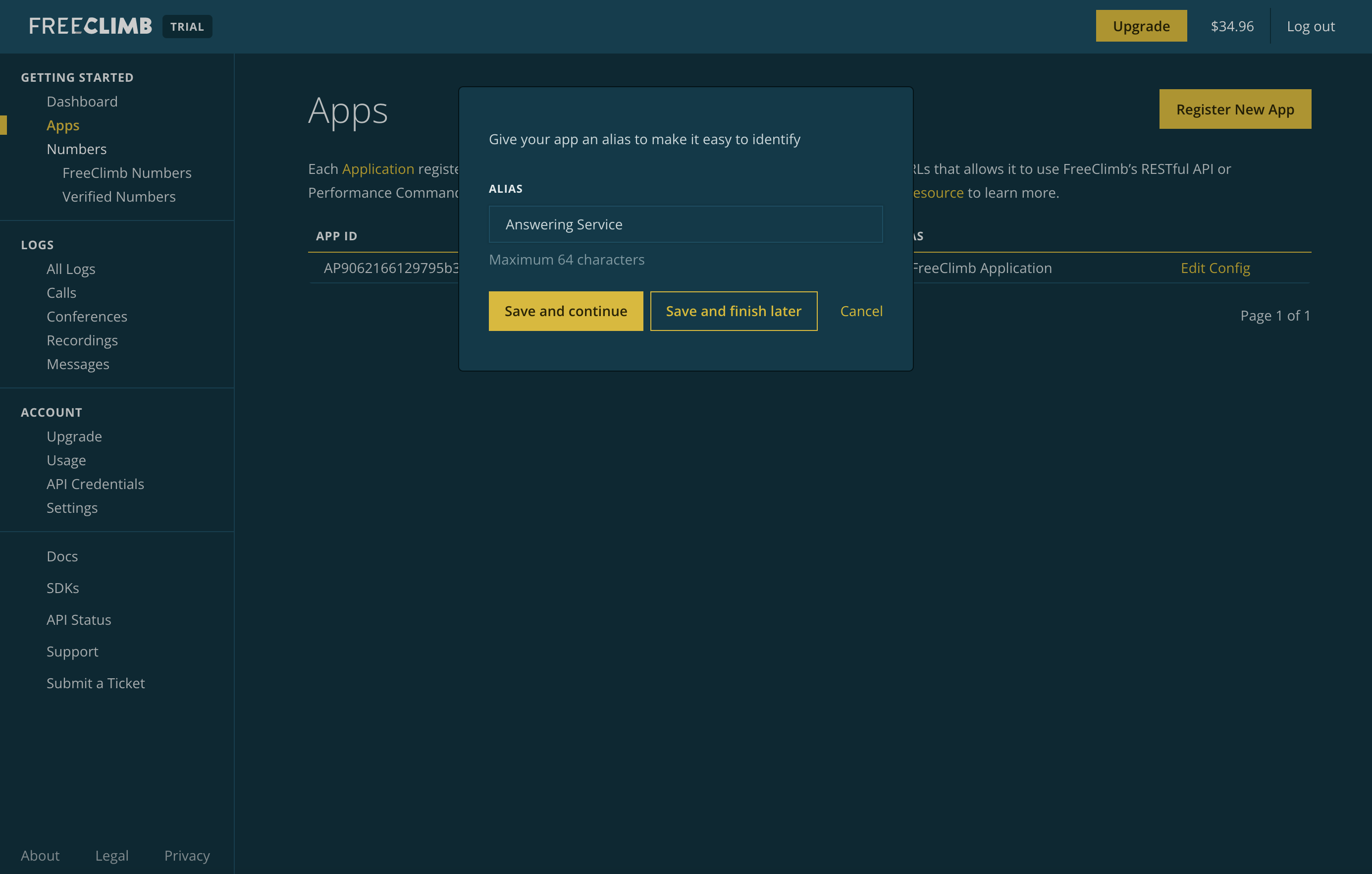 Give your app an alias in the "Register New App" modal