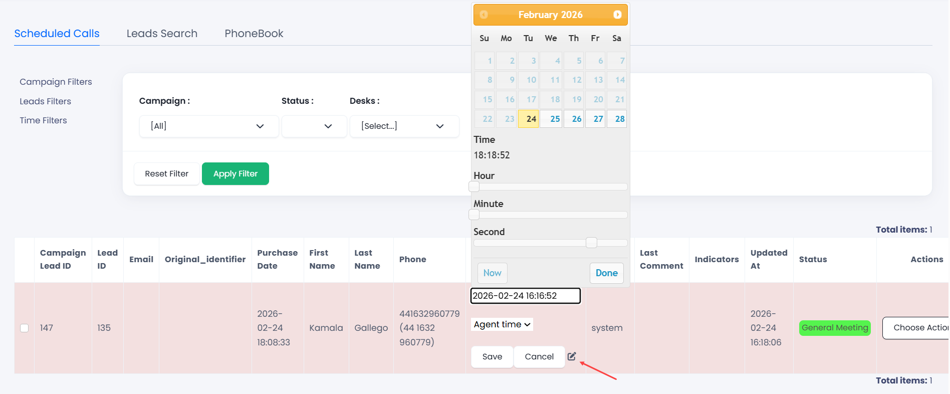 Screenshot with setting callback time