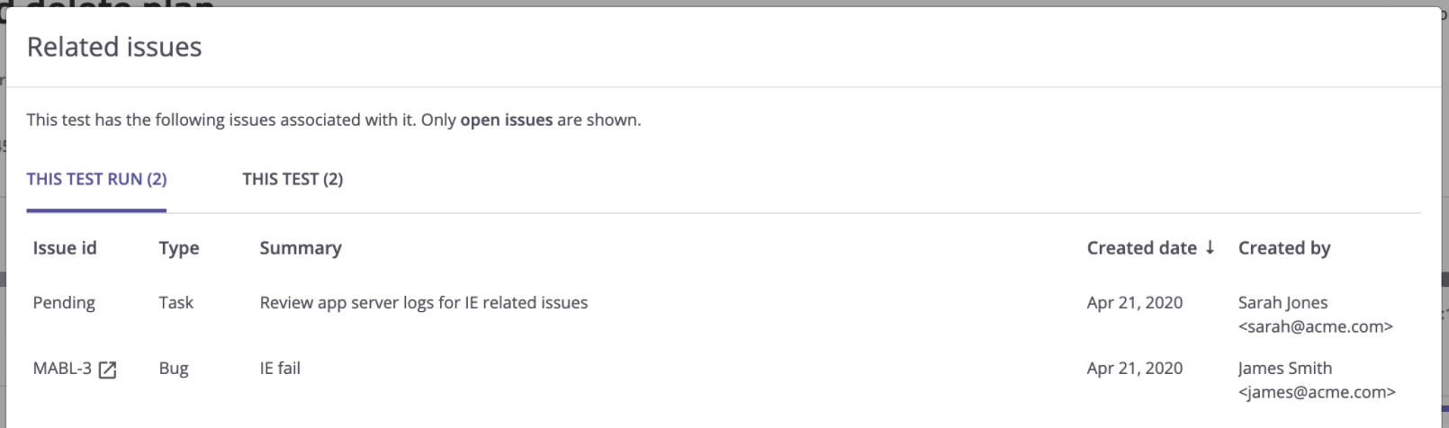 Jira issues linked to a specific test run.