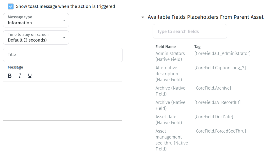 Toast message settings in the Call external API window