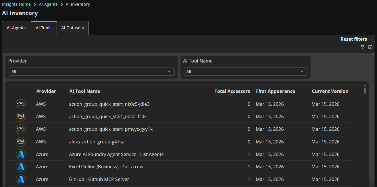 AI inventory with tabs AI Tools and AI Datasets