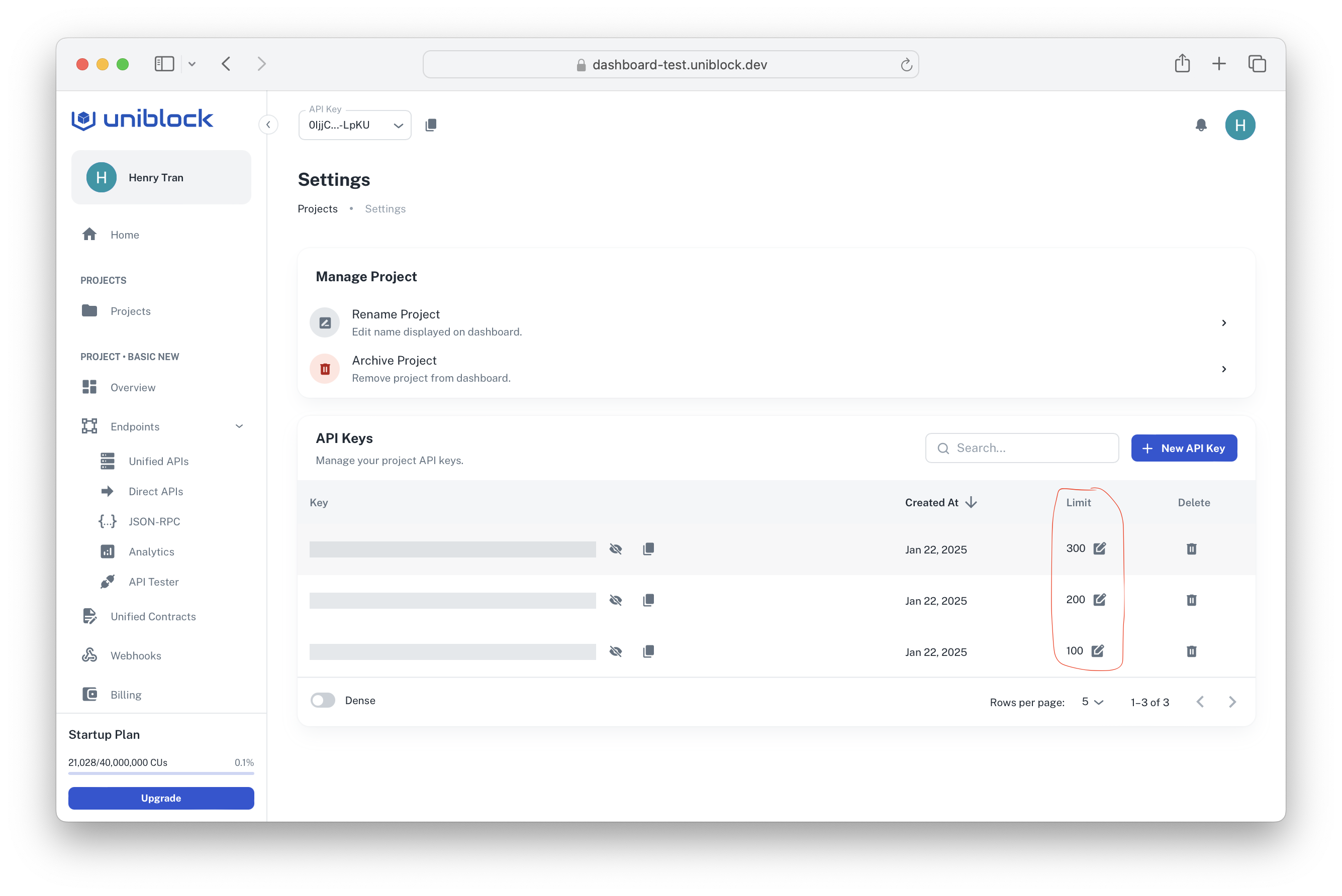 API Keys Management Page