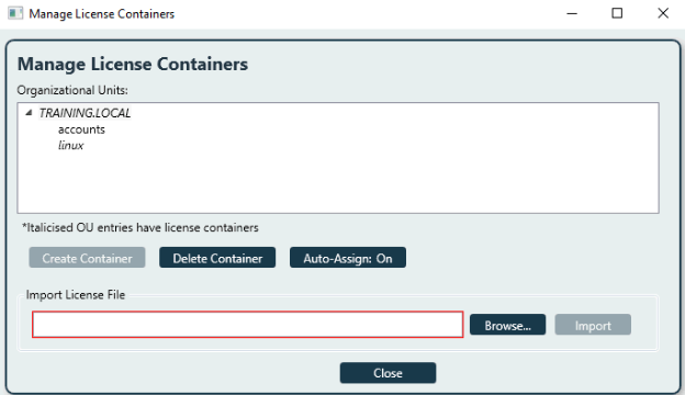 Manage License Containers dialog box with empty Import License File field highlighted in red, indicating a required input error.