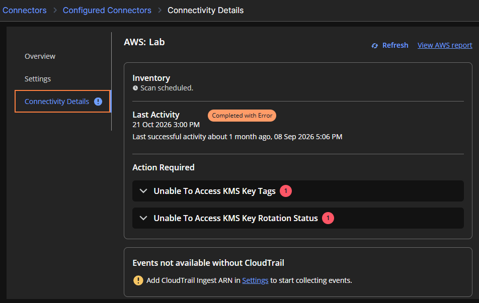 AWS connector Connectivity Details page showing Last Activity completed with error and two KMS access actions required