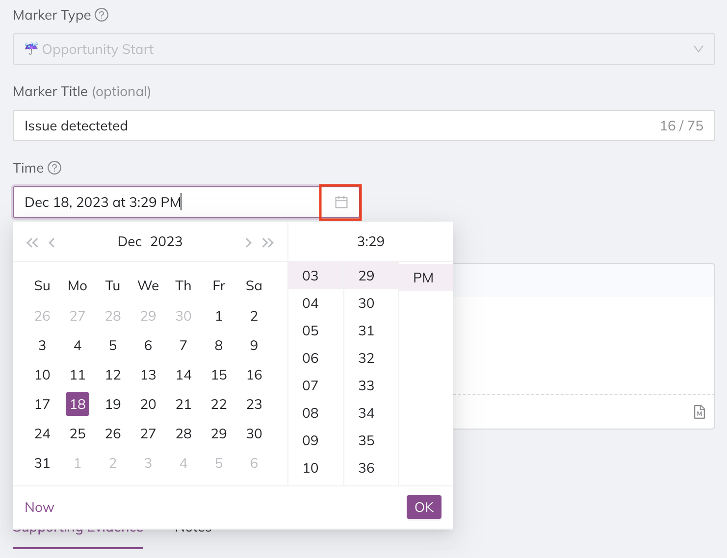 A screenshot of the Jeli UI detailing how to adjust a narrative marker's date and time
