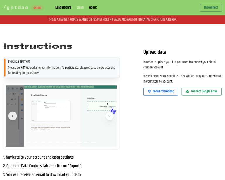 A data contributor can contribute to the ChatGPT DLP by uploading their ChatGPT exports at gptdatadao.org