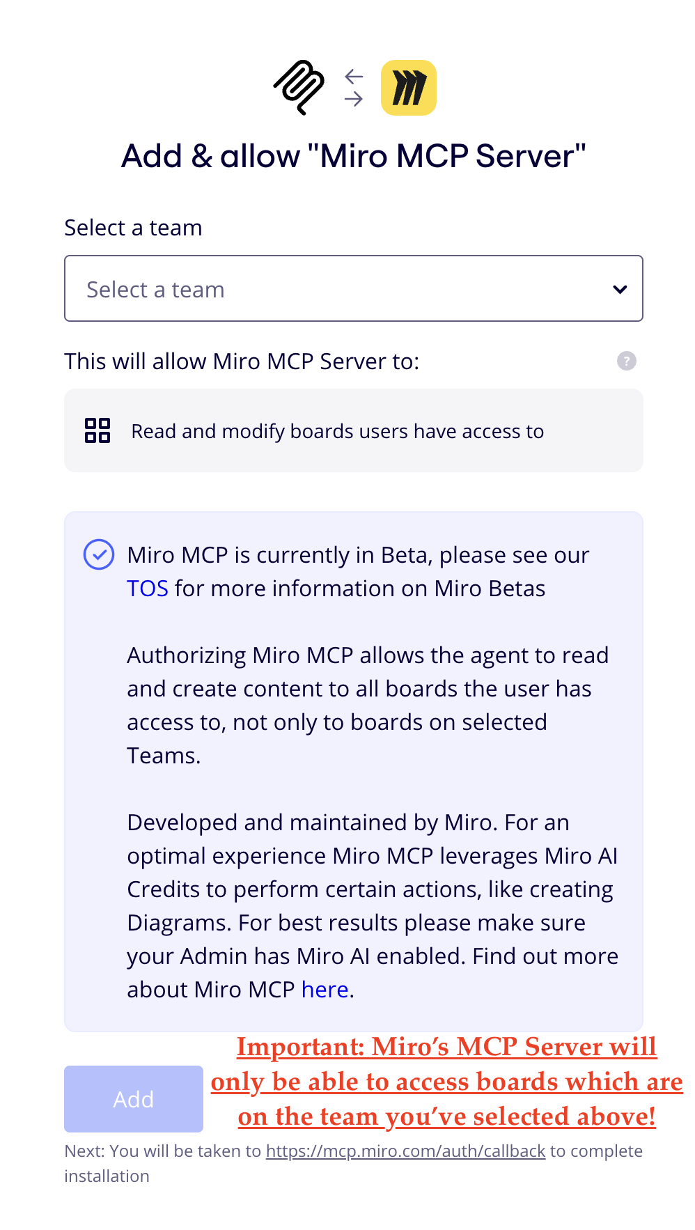 Select team to install Miro MCP into.