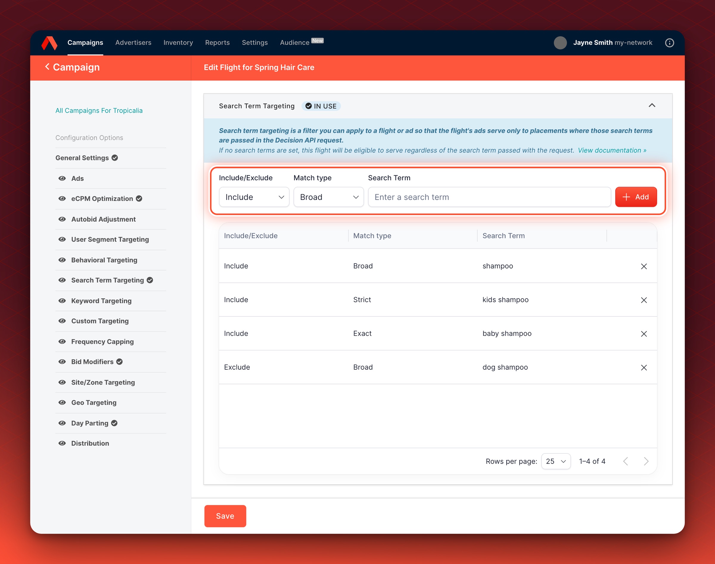 The Search Term Targeting panel in the Flight editor. The Include/Exclude, Match type and Search Term fields and the Add button are circled, above a table of four terms: shampoo (Broad), kids shampoo (Strict), baby shampoo (Exact) and dog shampoo (Broad, excluded).