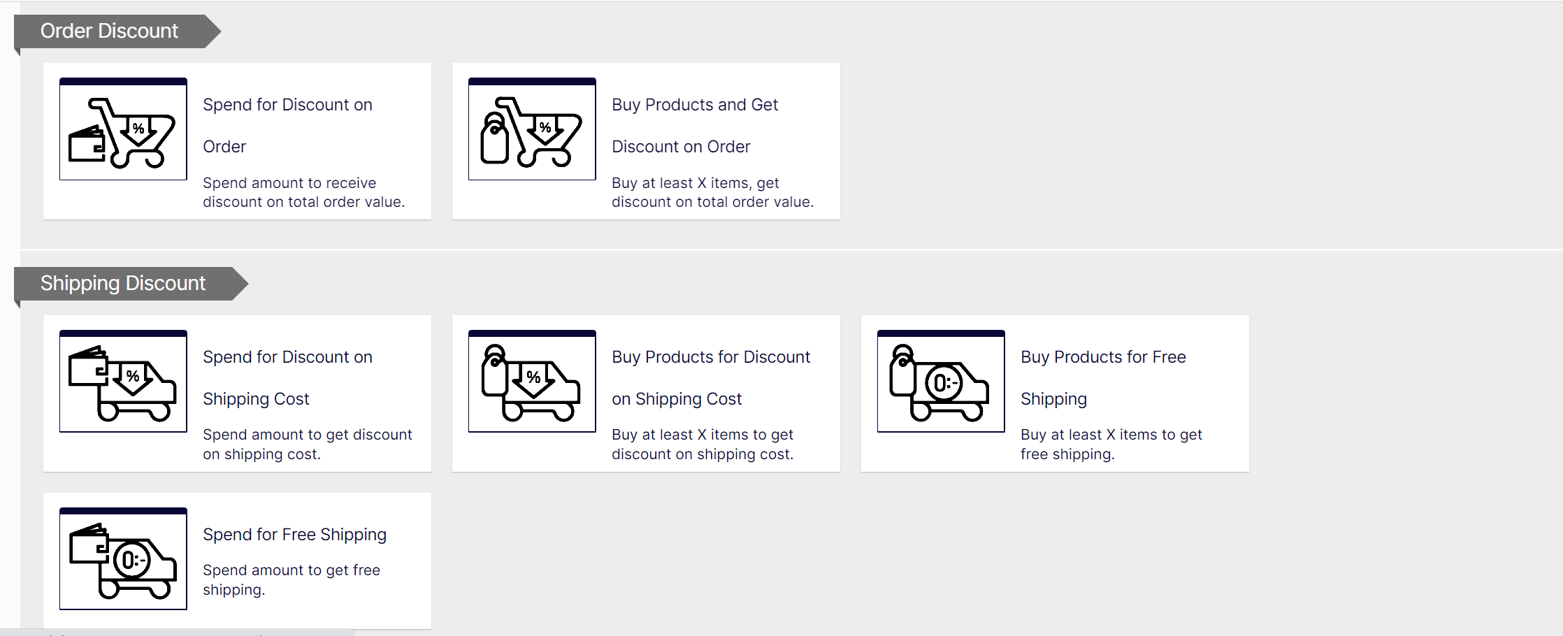 Screenshot of additional discount type options in Commerce Connect where marketers choose a built-in discount template