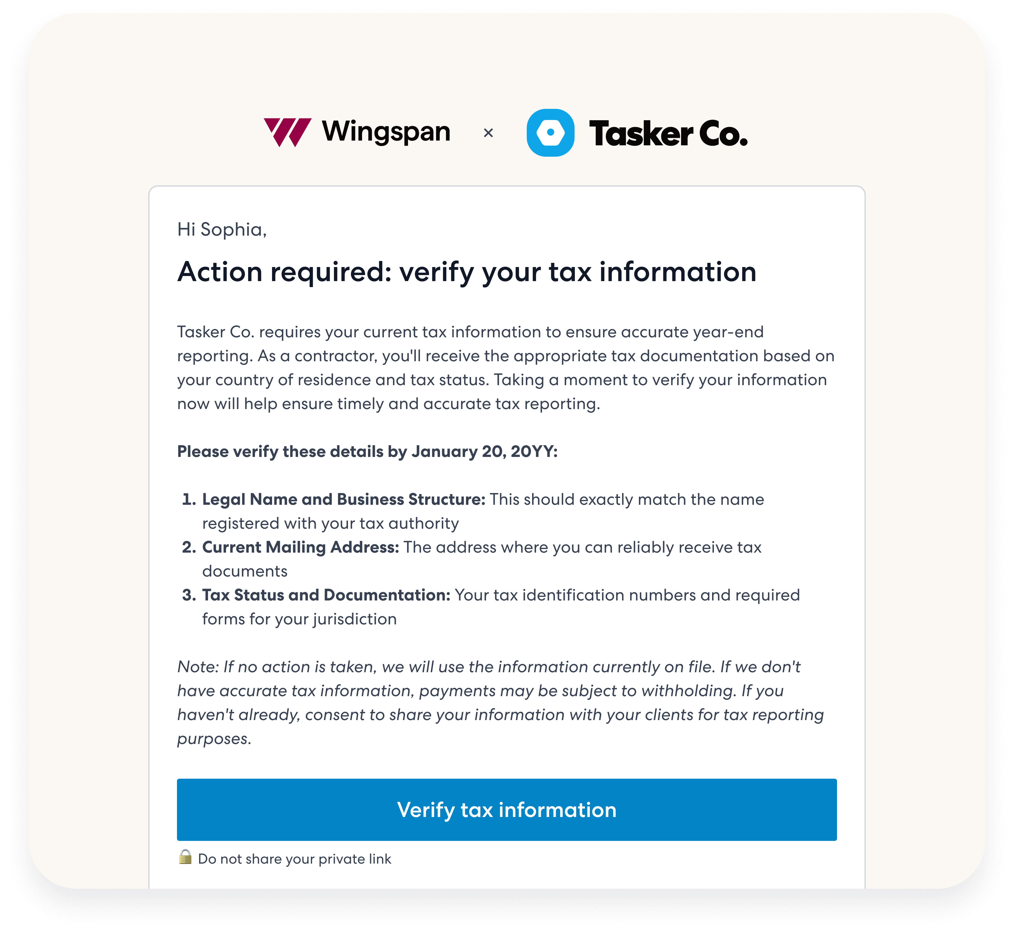 Confirmation email for contractors who have already provided their tax information via Wingspan