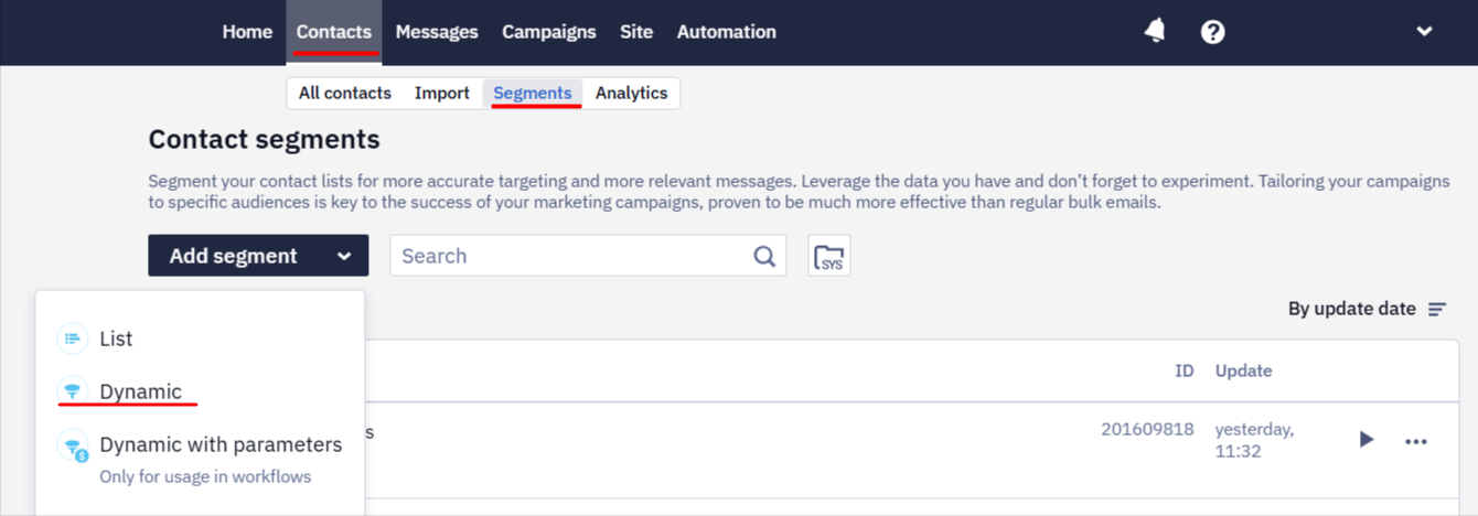 Add segment button with Dynamic option selected