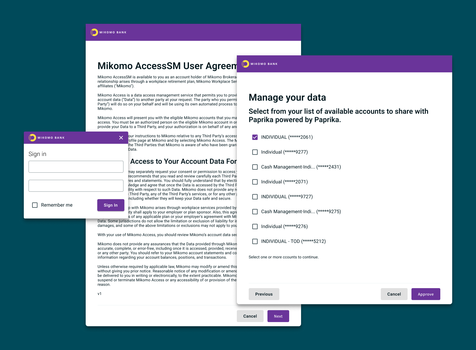 Sign in, accept the user agreement, and select which accounts to share
