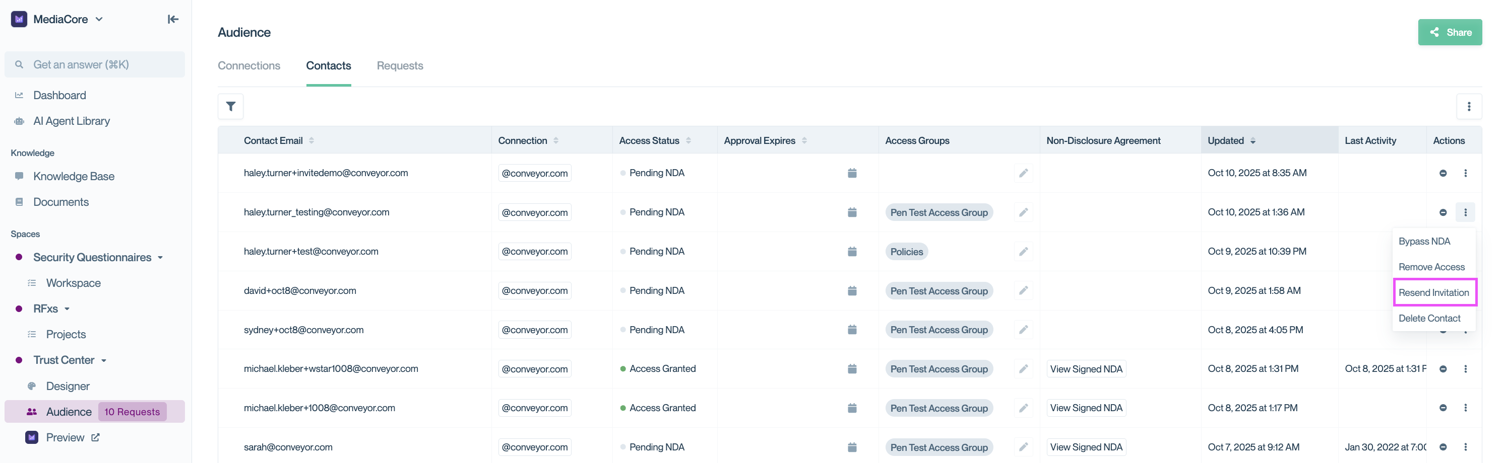Screen Shot 2021-07-22 at 11.20.25 AM.png Conveyor Connections page showing the Individual Contacts tab. The utility menu (three-dot icon) is open next to a contact, highlighting the ‘Resend Invitation’ option.