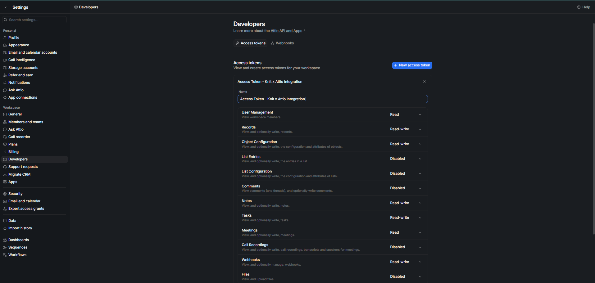 Access token creation screen