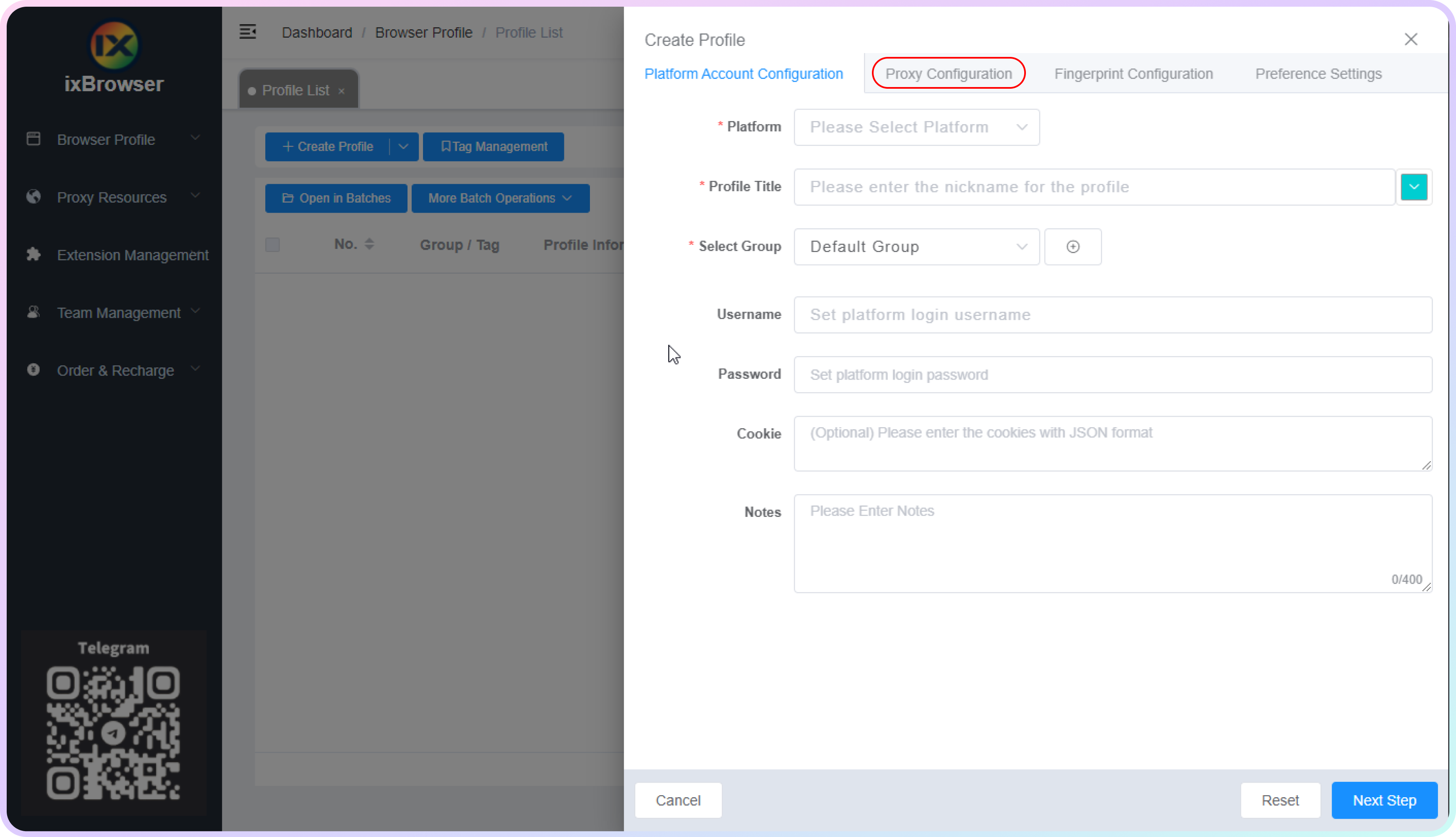 Profile settings