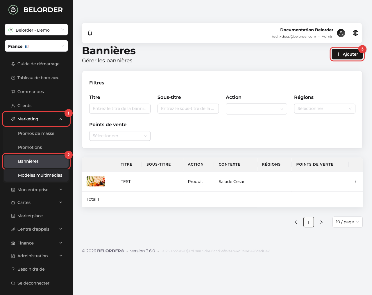 Navigation vers la page Bannières : menu Marketing puis Bannières puis bouton Ajouter