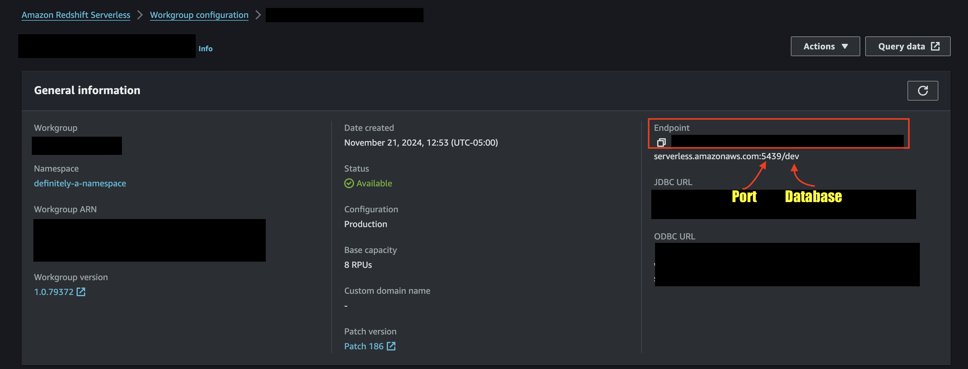 FIG. 1 - Retrieve Hostname, Port, and Database Name information from Amazon Redshift Serverless