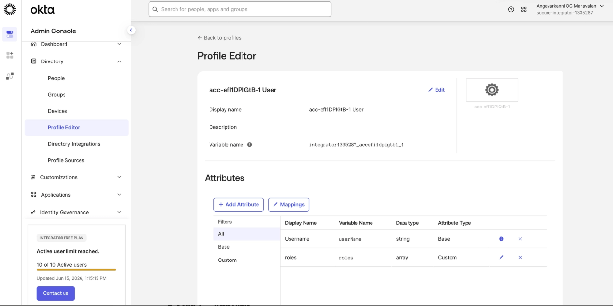 Okta application profile showing the RoleName attribute details