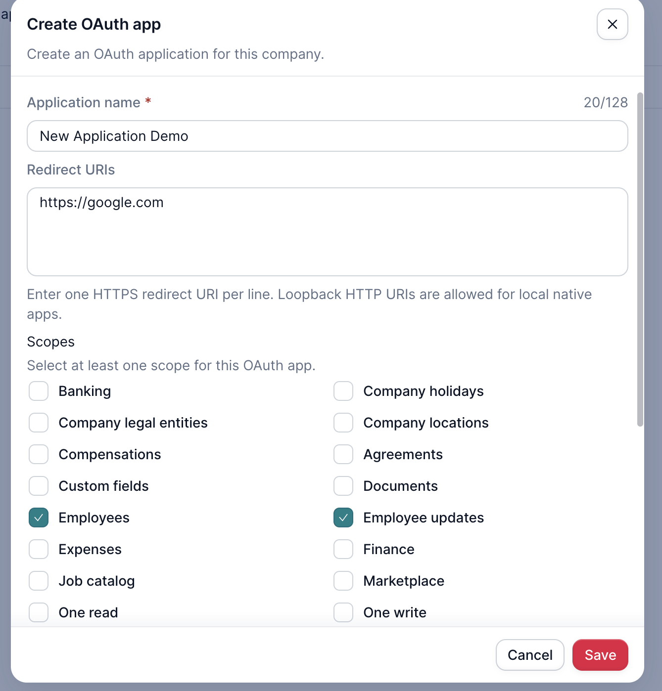 Create OAuth app dialog with application name, redirect URIs, and scopes