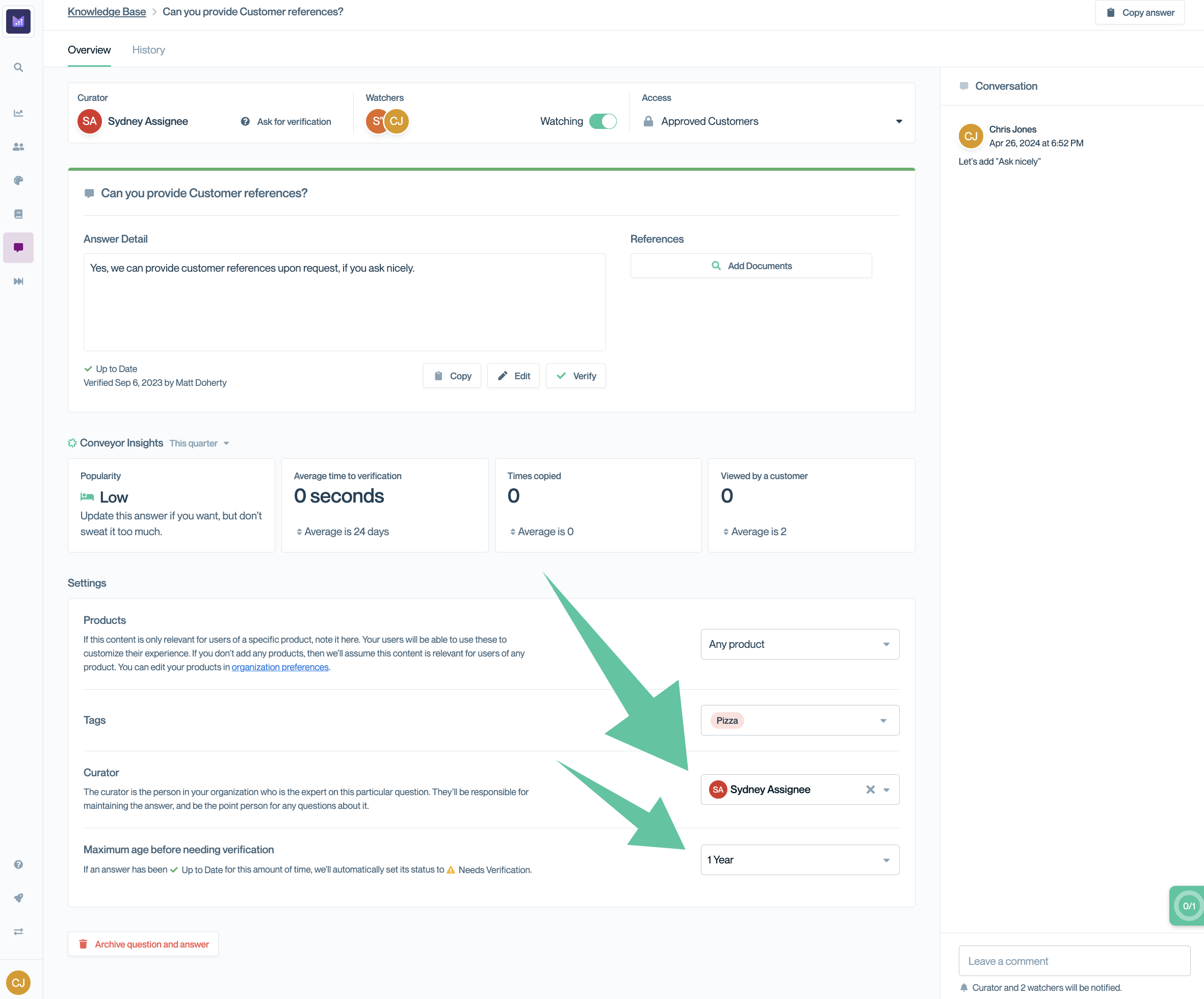 Assigning the curator and verification period to a specific Q&A pair.