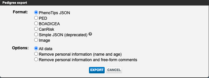 A screenshot of PhenoTips' pedigree export options. Under format options include "PhenoTips JSON" which is selected, "PED", "BOADICEA", "CanRisk", "Simple JSON (deprecated)", and "image". Another menu has "Options" including "All data", "Remove personal information (name and age)", and "Remove personal information and free-form comments".