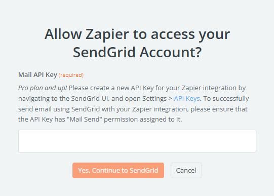 Screenshot of the screen with allowing Zapier access SendGrid account
