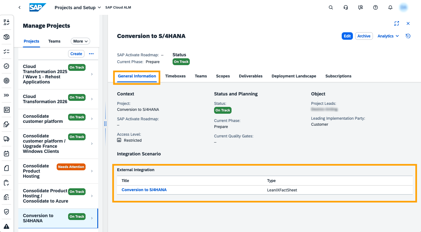 Accessing LeanIX Fact Sheet from SAP Cloud ALM Project