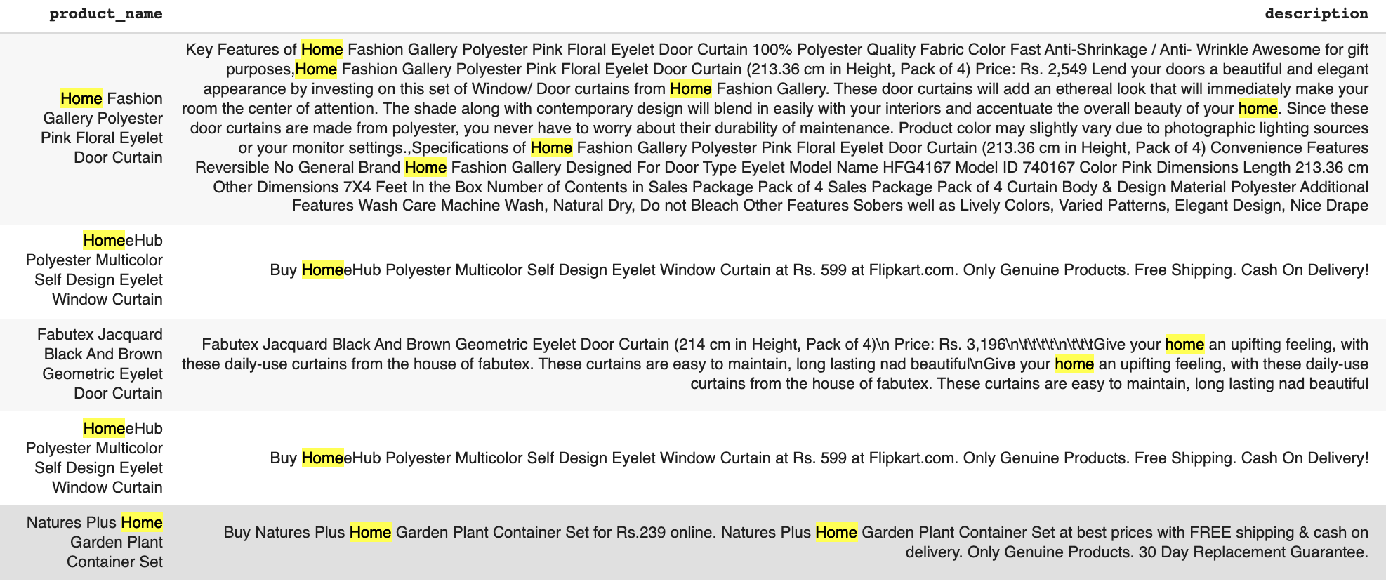 Filtering documents matching "Home curtain" in the description field.