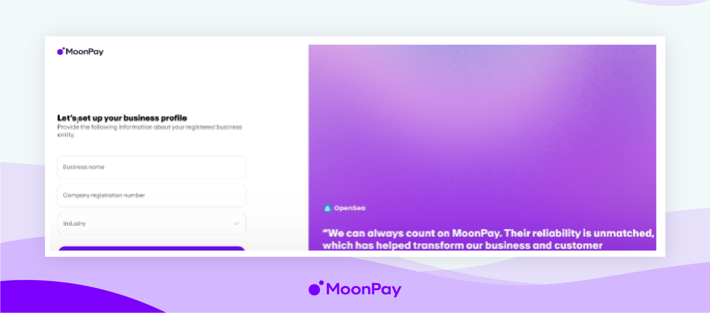 MoonPay's window shows the field to provide the business profile.