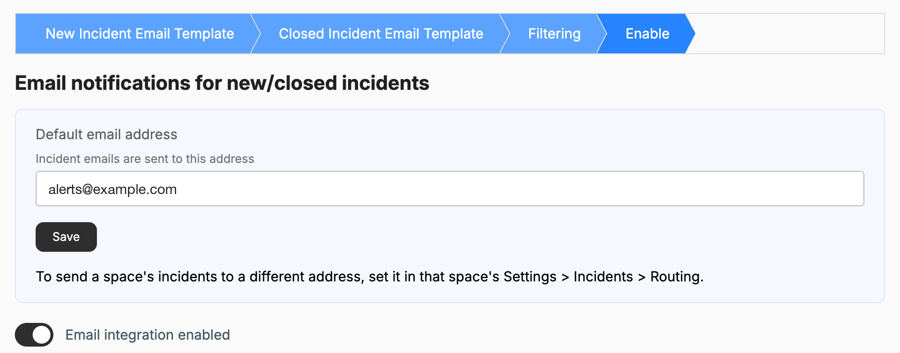 The Enable step of the Email integration: a Default email address field with a Save button, and the Email integration enabled switch below it.