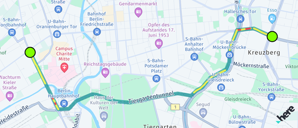 Screenshot: Traffic visualized on a route using jam factor.
