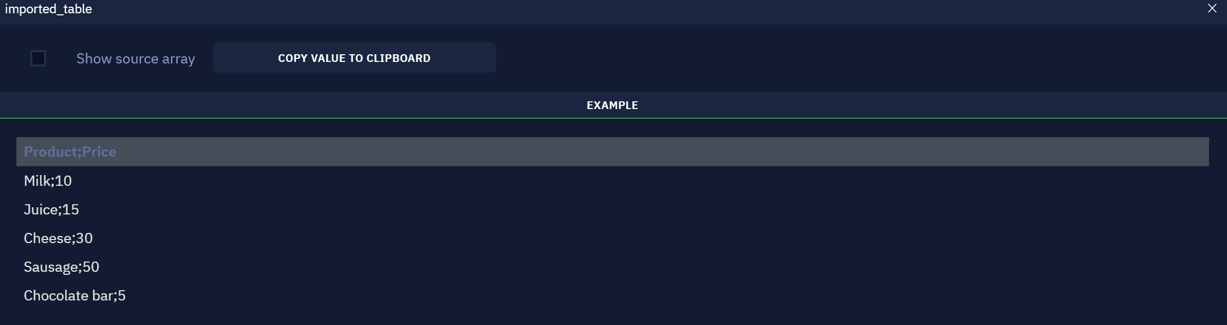 An example of a read CSV table