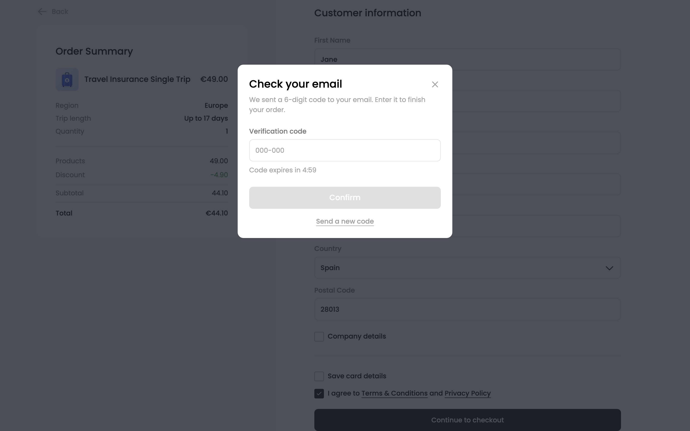 The Check your email pop-up asking for a verification code