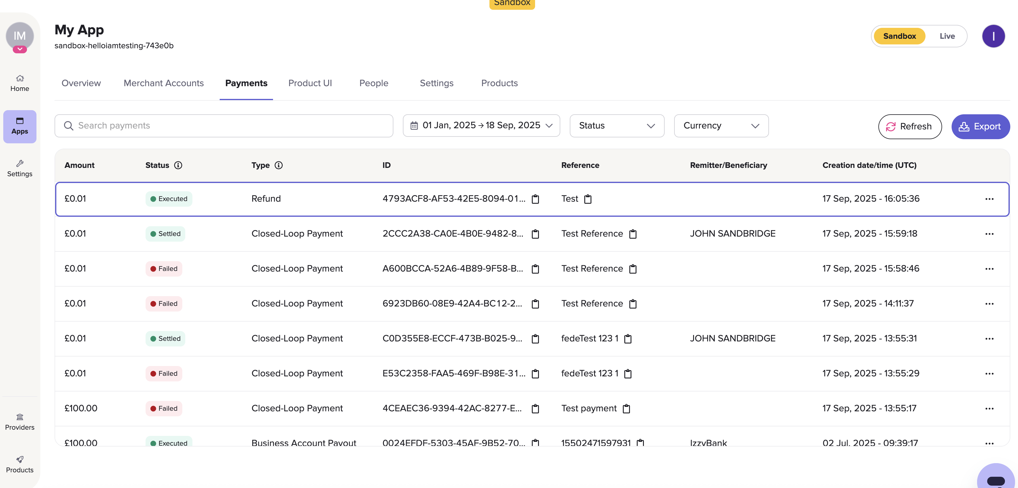 Various different types of payment in the sandbox payment view.