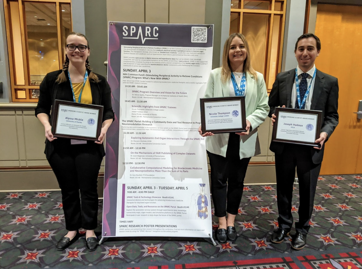 SPARC Emerging Scientists Award winners presented their research at the Experimental Biology conference in Philadelphia. Pictured left to right: doctoral student Alyssa Mickle of the University of Florida, doctoral candidate Nicole Thompson of University College of London, and Dr. Joseph Hadaya of UCLA. Photo courtesy of Parmir Bahia