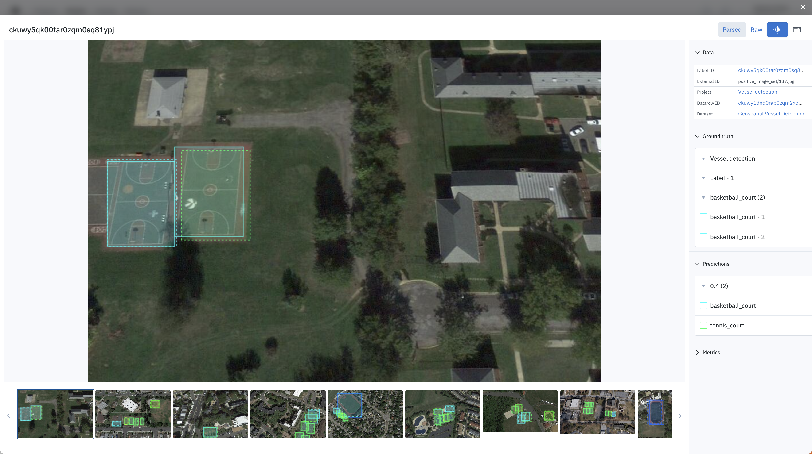 Labelbox helps you find patterns of model failures. In this case, the model struggles to distinguish ground track fields and basketball courts, especially when they have green and brown colors