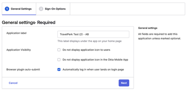 The Okta general settings page for the Perk app.