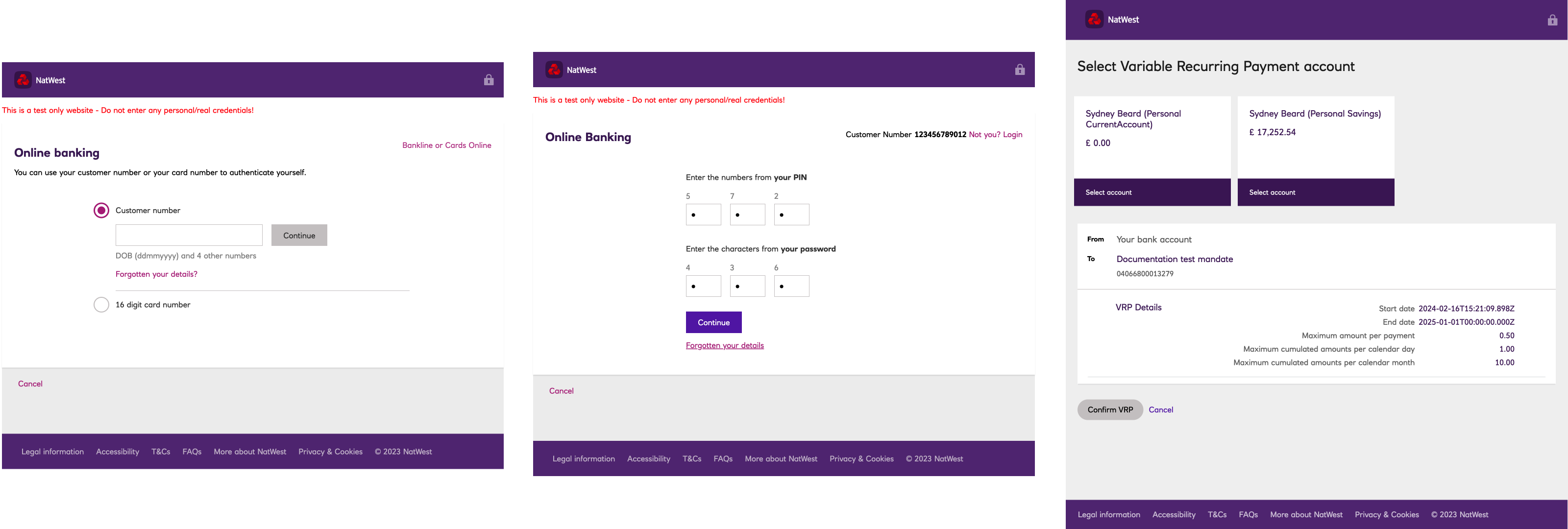 The two screens you have to complete when authorising a mandate to the `ob-natwest-vrp-sandbox` provider.