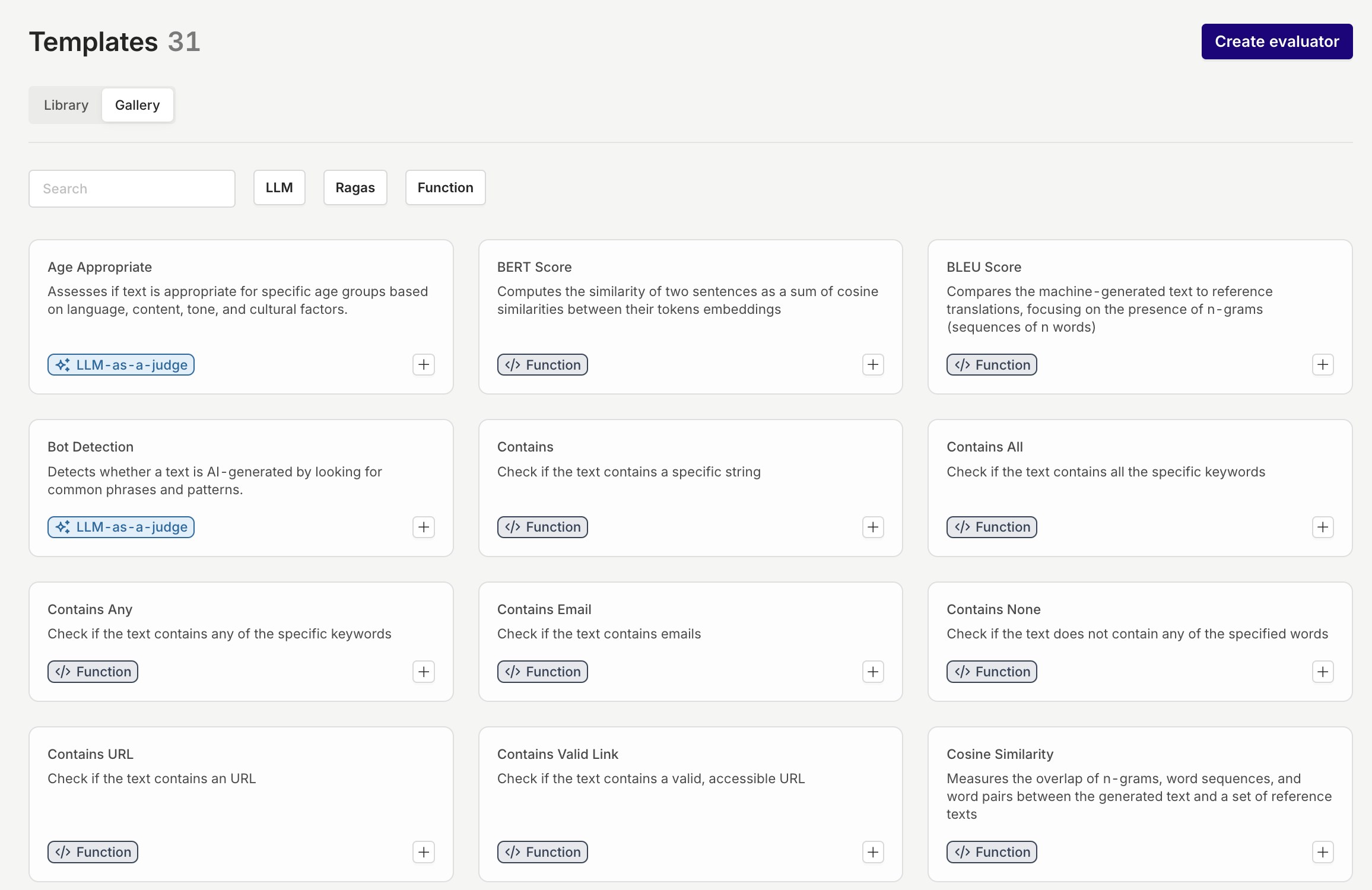 There are multiple filters available to search for the right Evaluator to add to your Library.