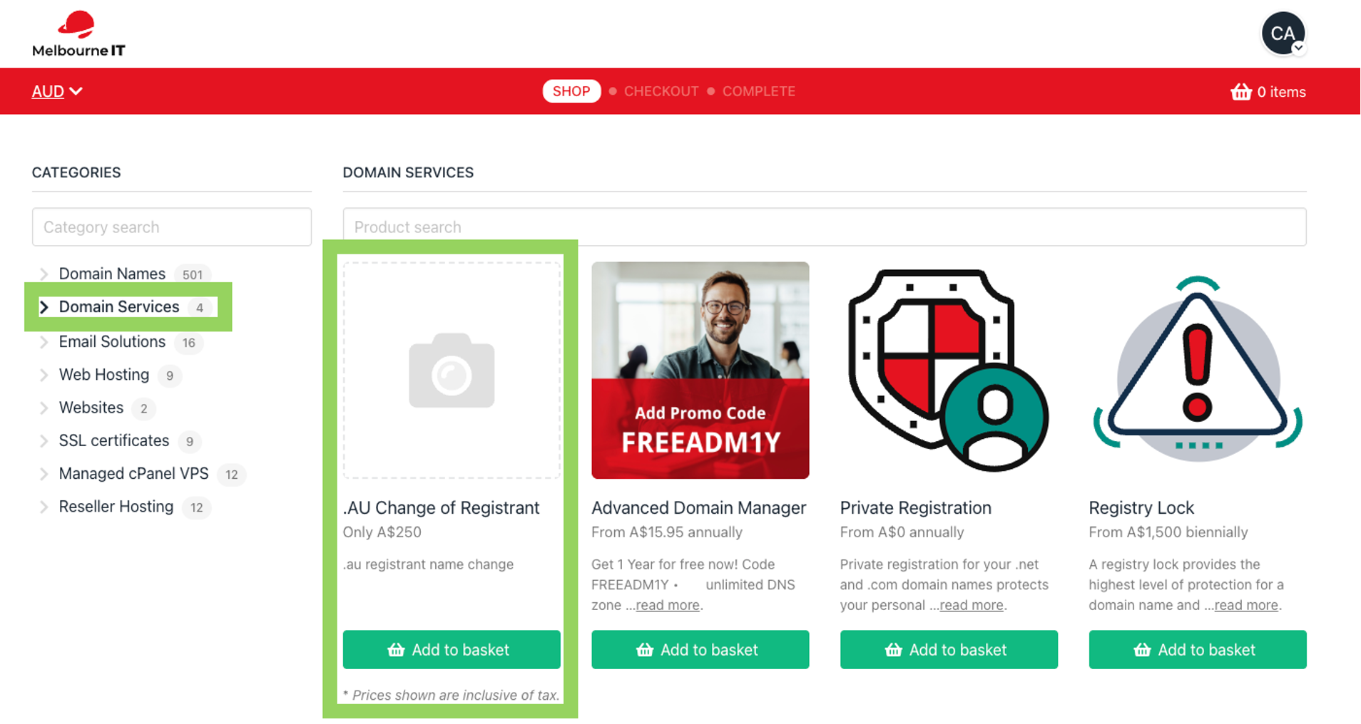 Domain Services category open showing the .AU Change of Registrant product card with Add to basket highlighted