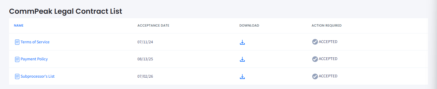 Screenshot of CommPeak Legal page