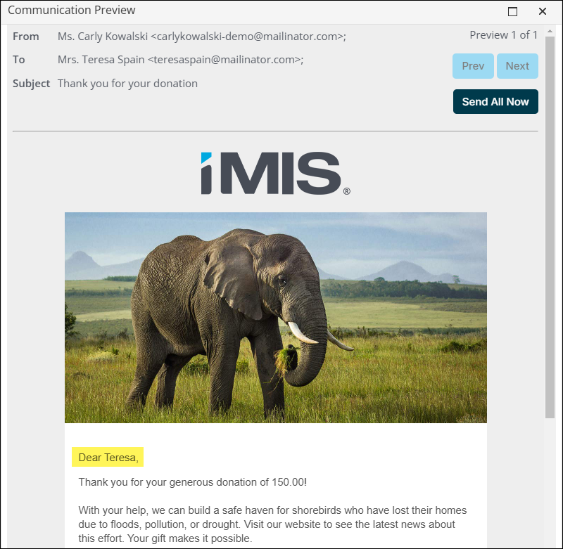 When previewing the communication, the recipient's formal salutation replaces the placeholder inserted in step eight.