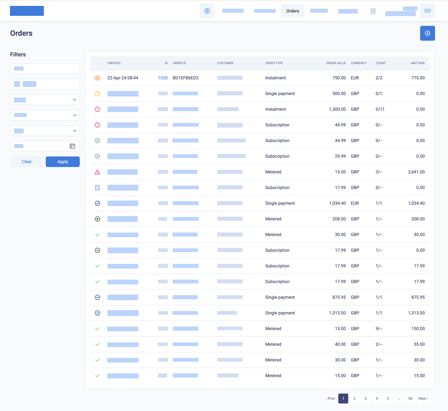 The Orders list displays order details including the status and amount of the order