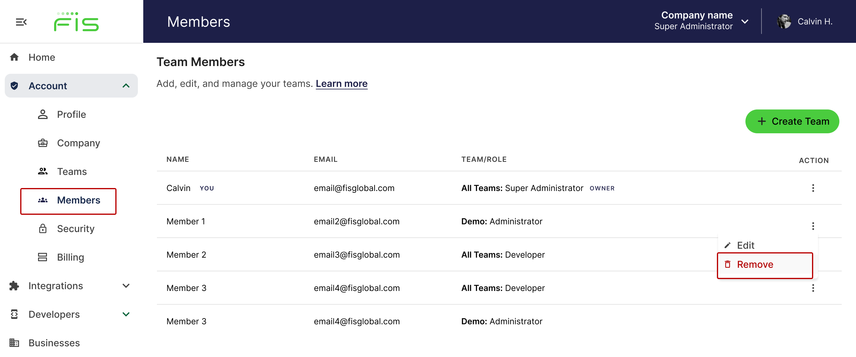 Manage team page in Railz Dashboard. Click to Expand.

