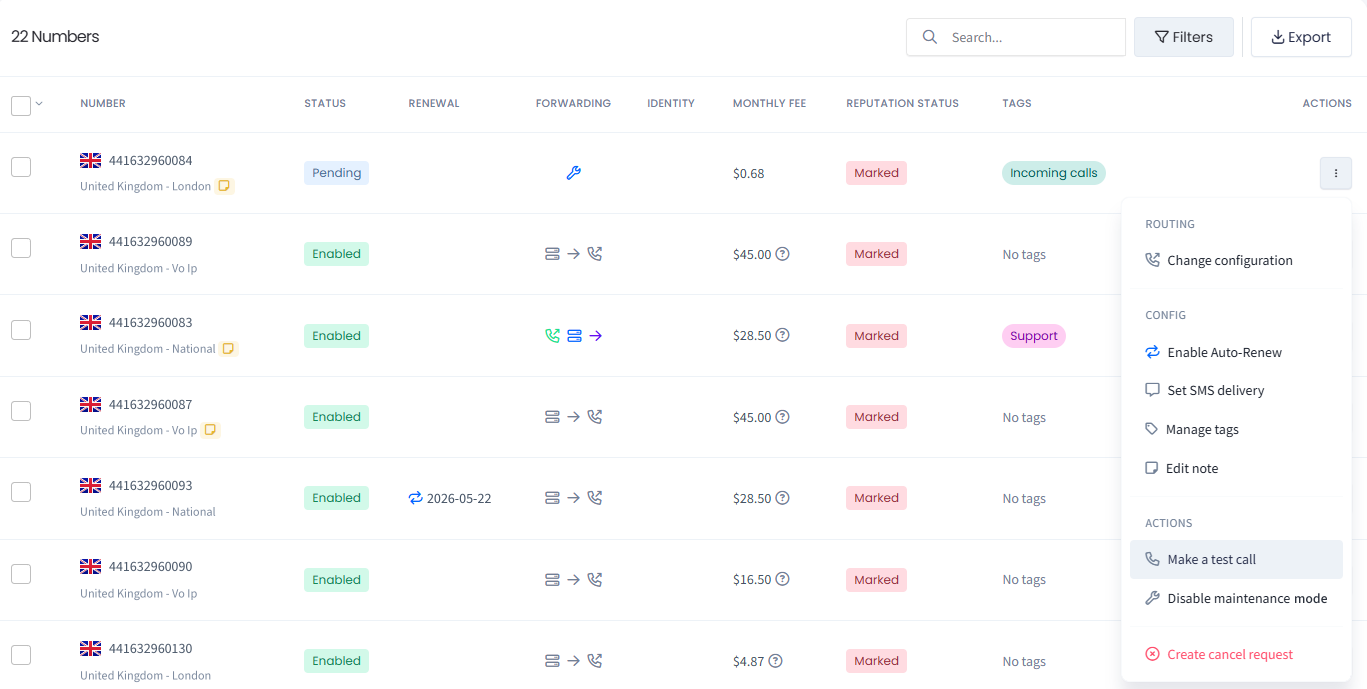 Screenshot of the Make a test call action selected