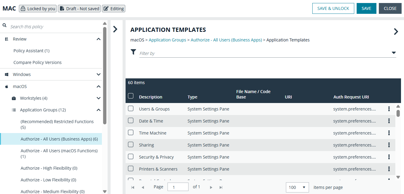 Application templates in the EPM Policy Editor