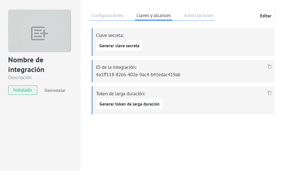 Para crear un token de larga duración, abre la pestaña de **Llaves y alcances**, haz clic en el botón **Generar token de larga duración**, selecciona la fecha de expiración del token y copia el token.