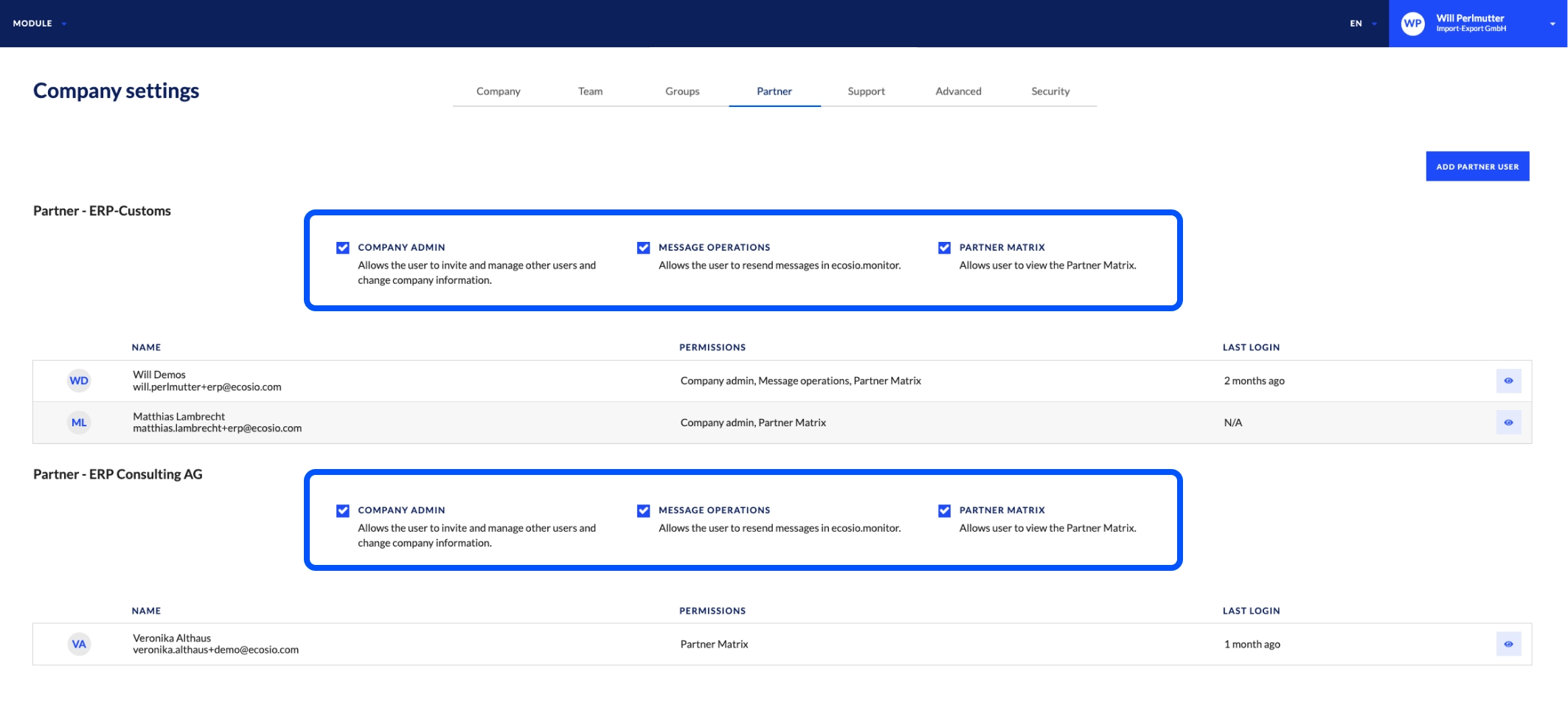 ERP partner user permissions in the company settings of the Monitor.