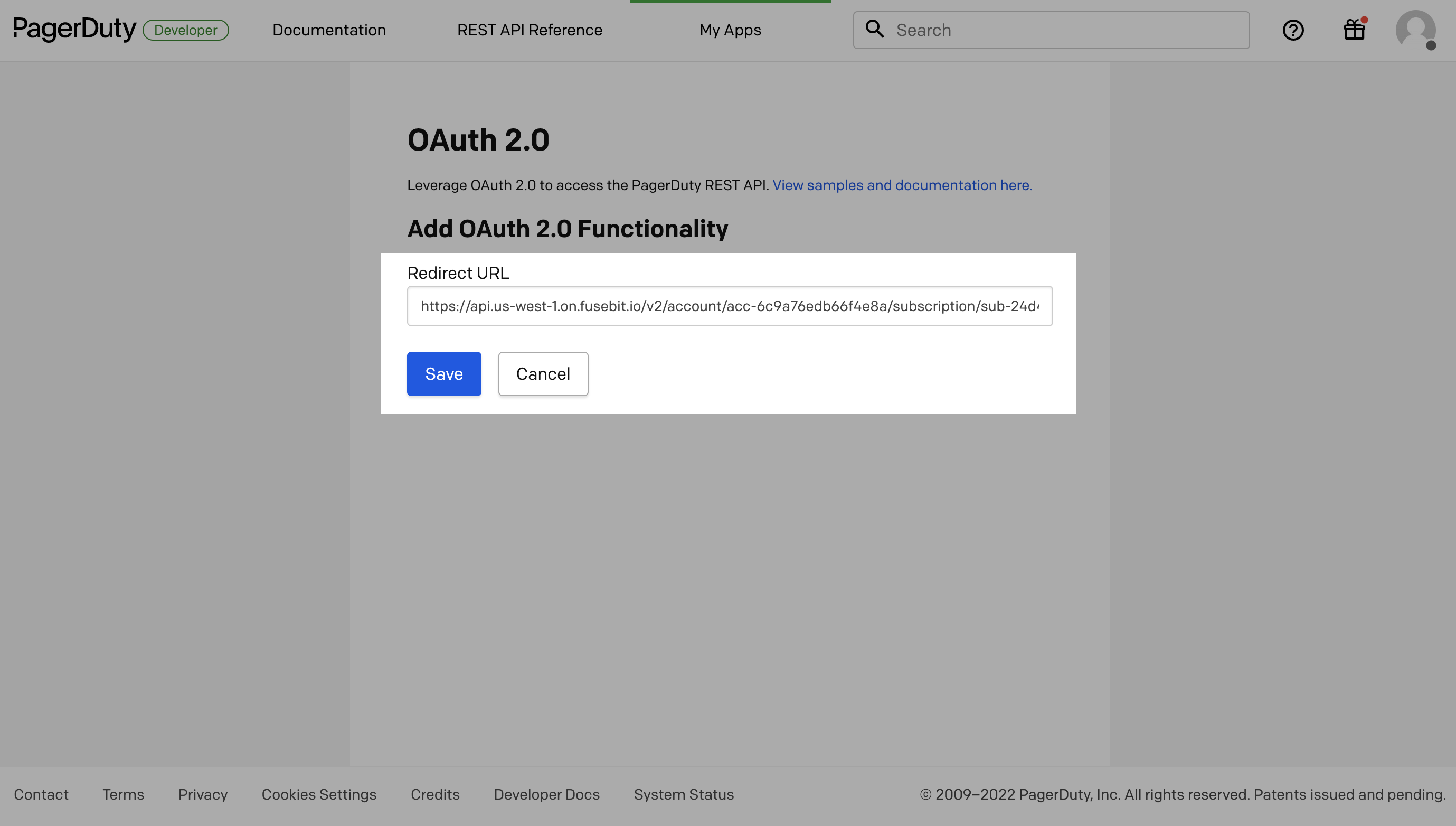 PagerDuty Portal - populating OAuth 2.0 Redirect URL